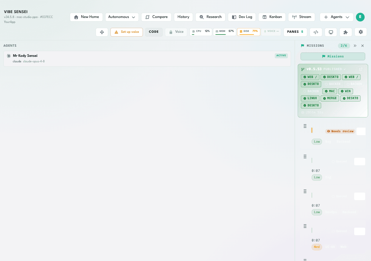 Vibe Sensei Classic Home — orchestrator pane with the live Missions rail