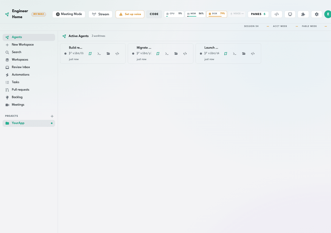 Vibe Sensei Engineer Home — active agents across isolated git worktrees