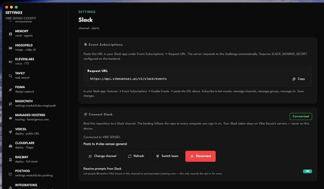 The Vibe Sensei desktop app Settings screen where the Slack workspace is connected and a channel is selected