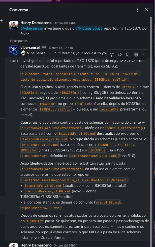 A user @mentions the Vibe Sensei bot in a Slack channel and the bot posts the AI agent's answer back in the same thread