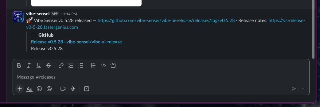 Vibe Sensei bot posting mission-complete and status notifications into a Slack channel